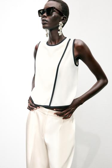 CONTRAST PIPED CREPE TOP - Ecru / Black by Zara - Image 4