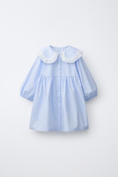 VESTIDO POPELÍN CUELLO BOBO BORDADO - Azul claro de Zara