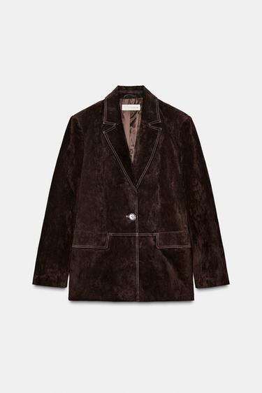 100% LEATHER STRAIGHT BLAZER - Brown by Zara