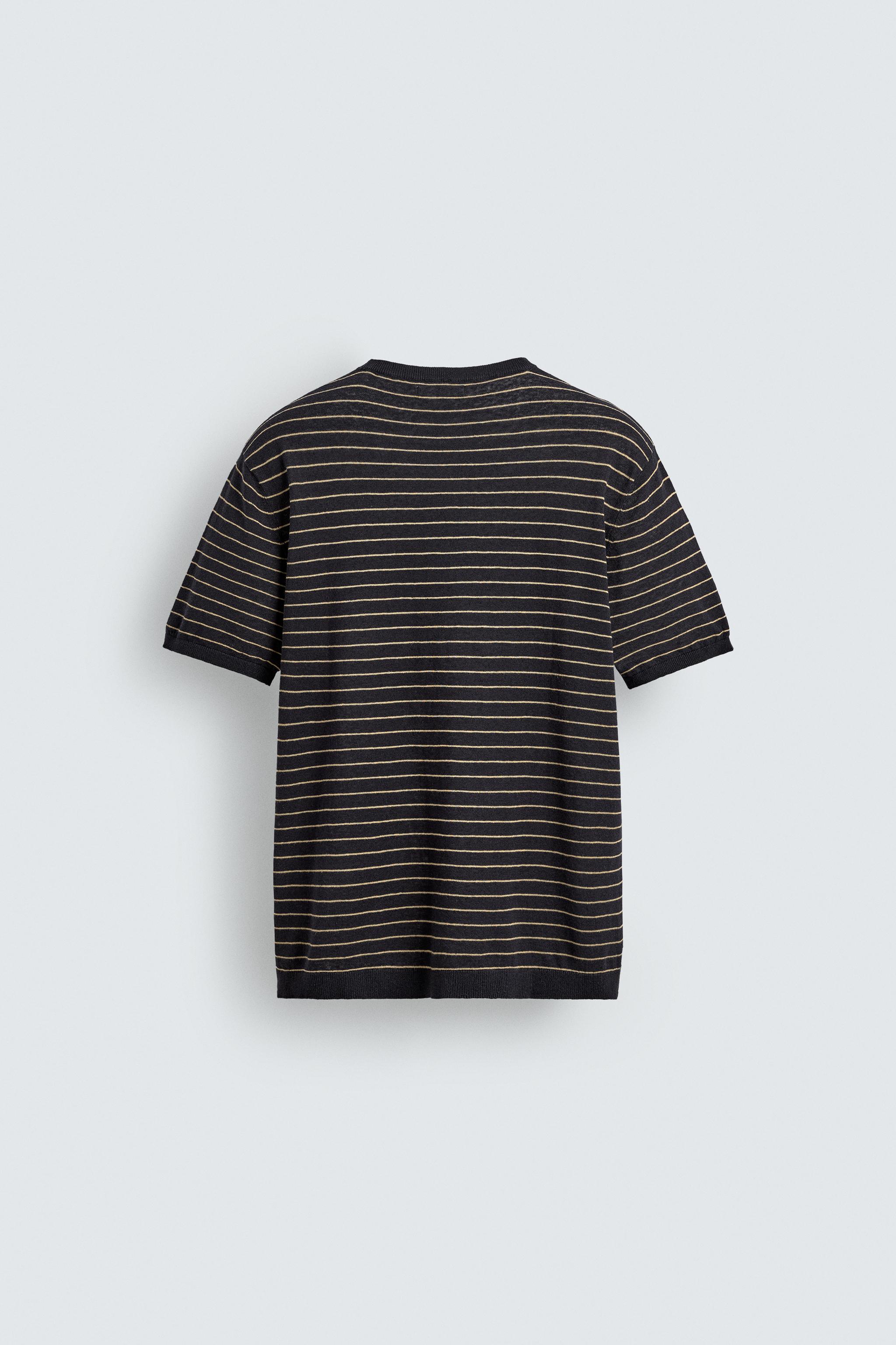 ♡t♡ ÇİZGİLİ KETEN VE PAMUKLU ÖRGÜ T-SHIRT - LACİVERT | ZARA Türkiye