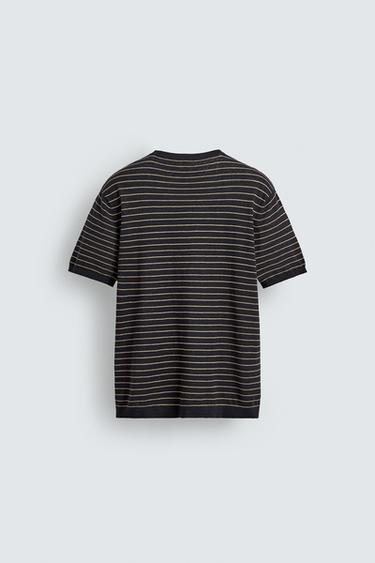 T-SHIRT EN MAILLE LIN ET COTON À RAYURES - Bleu marine de Zara - Image 7