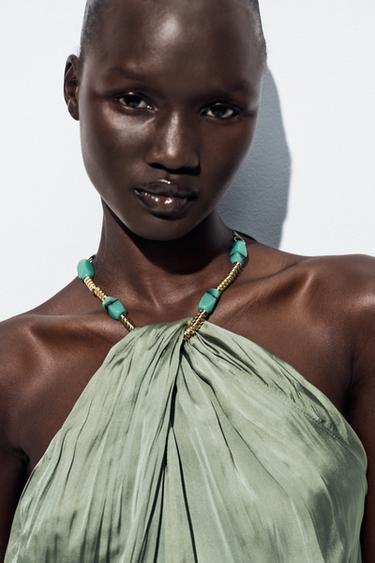 BEADED SATIN HALTER TOP - Mid-green by Zara - Image 3