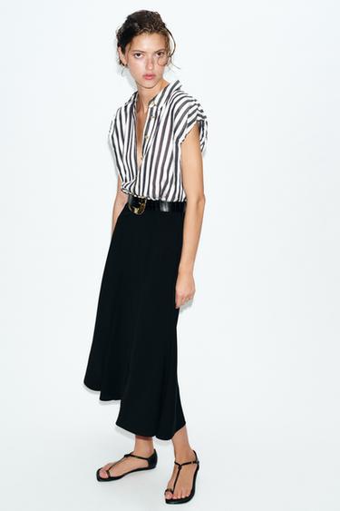 MIDI DRESS WITH CONTRAST STRIPES AND BELT - Ecru / Black by Zara