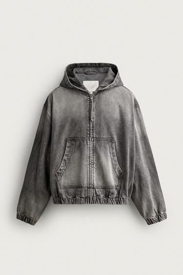 Zara HOODED DENIM JACKET - Gray