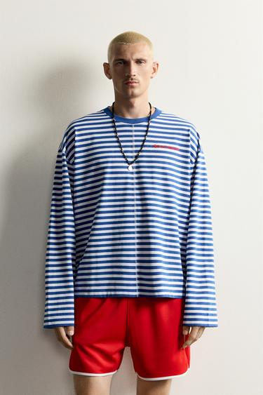 STRIPED JACQUARD EMBROIDERED T-SHIRT - Blue/White by Zara