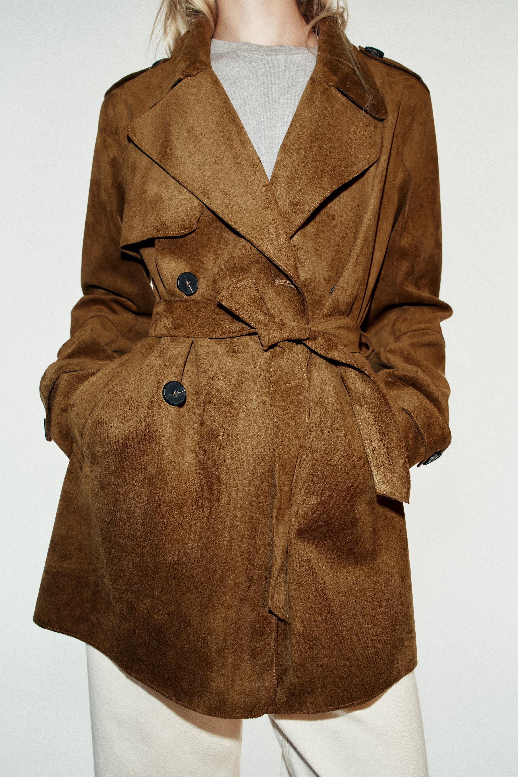 BELTED SUEDE EFFECT TRENCH COAT — Brown