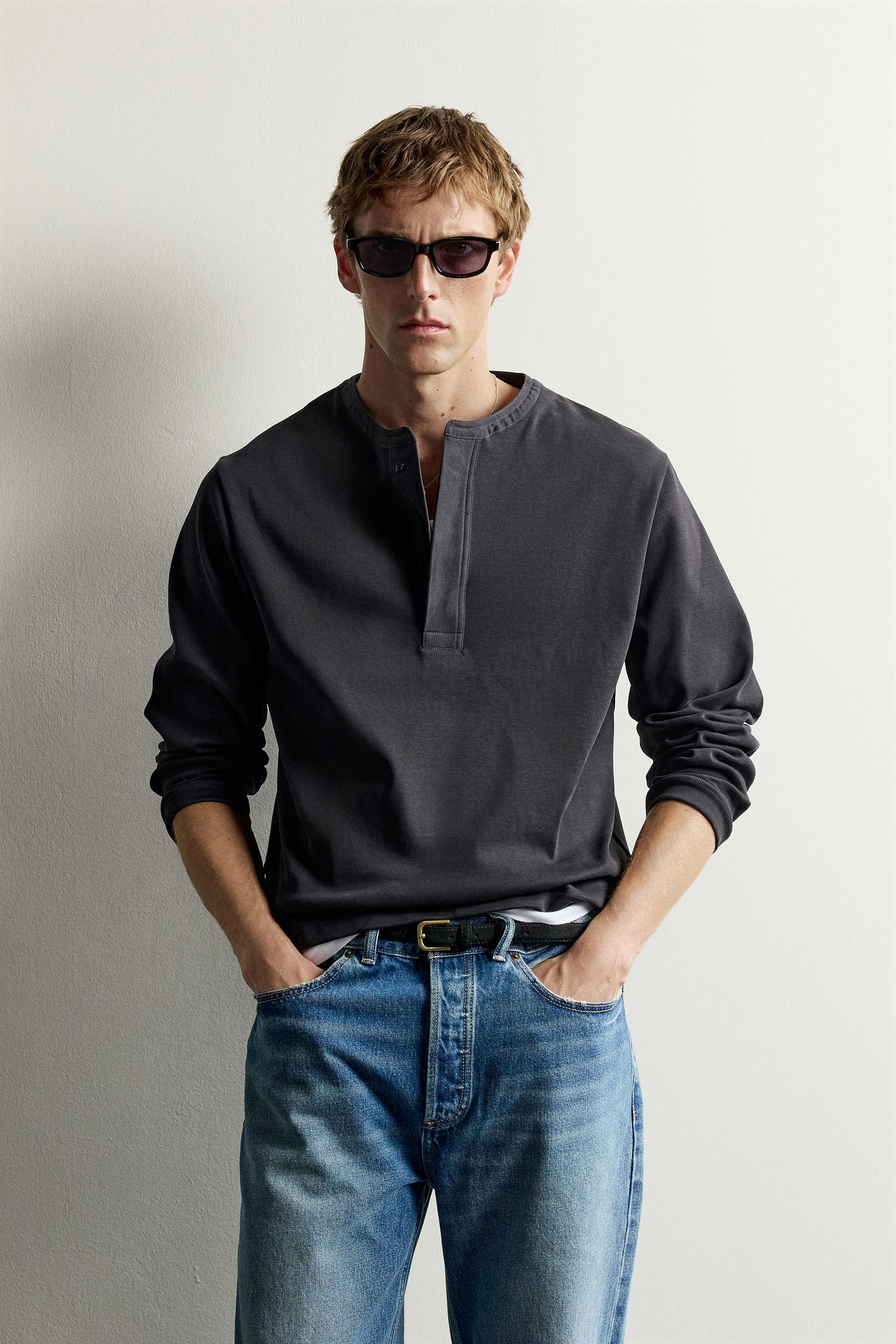 COMPACT RIBBED HENLEY T-SHIRT — Dark navy
