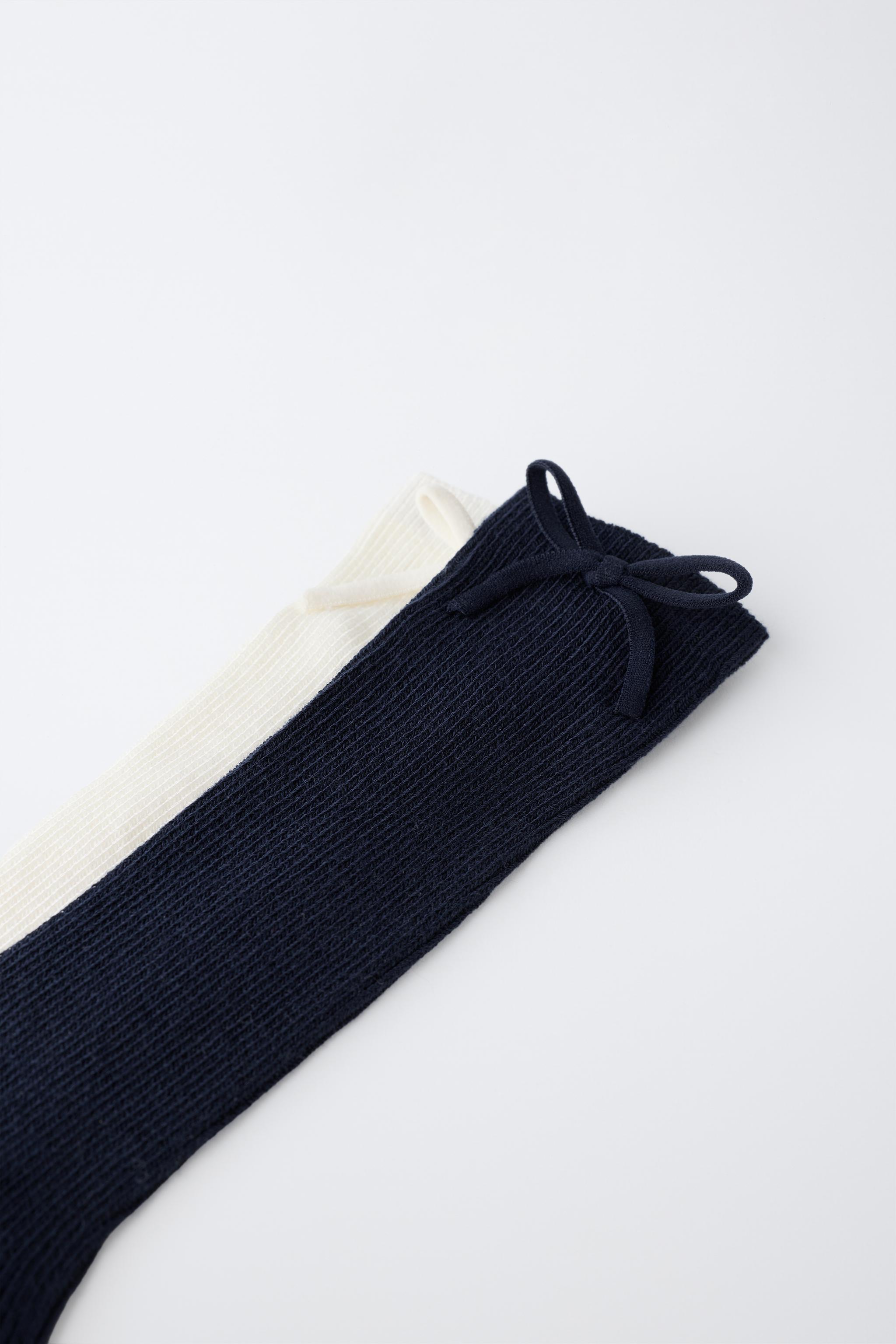 TWO-PACK BOW LONG SOCKS — Navys / Ecru