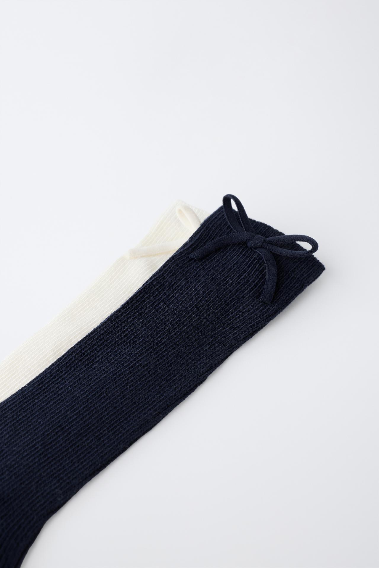 TWO-PACK BOW LONG SOCKS — Navys / Ecru