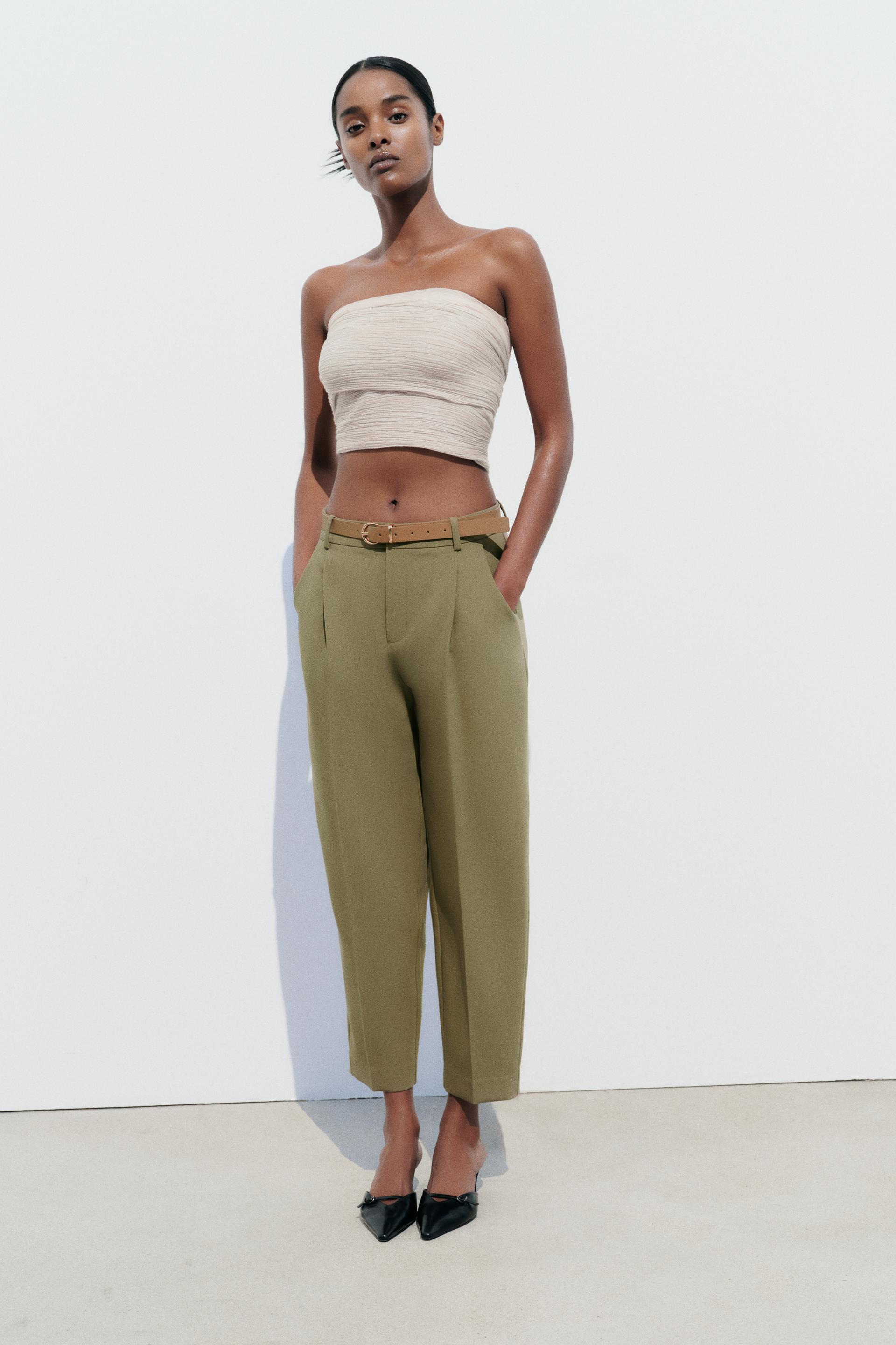 ZARA High Waisted Belted Trousers Buttoned Pants with Belt Medium