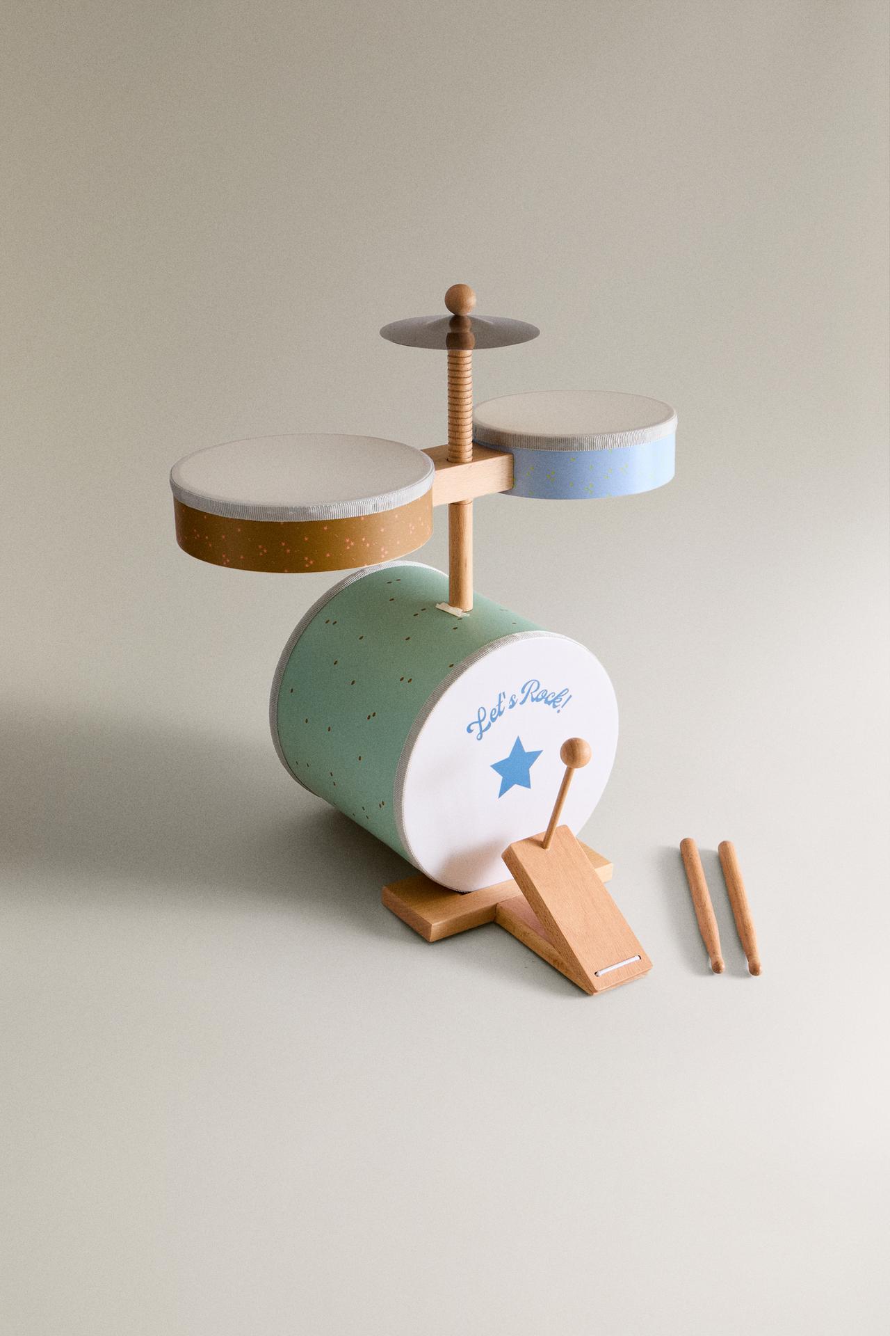 KIDS' WOODEN TOY DRUM SET INSTRUMENT — Multicoloured