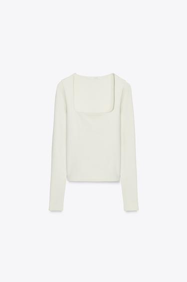 T-SHIRT CÔTELÉ DÉCOLLETÉ CARRÉ - Écru de Zara - Image 5
