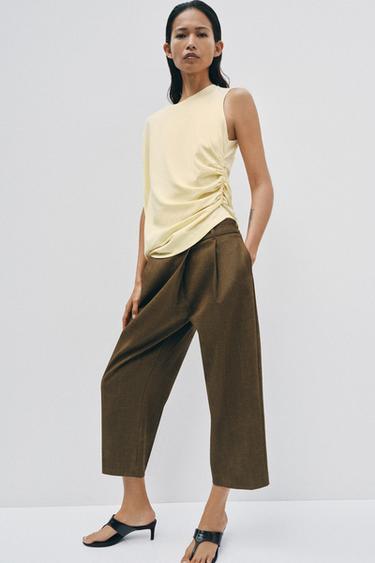 ZW COLLECTION CROPPED TROUSERS WITH DARTS - Khaki by Zara