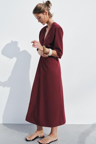 ZW COLLECTION RUCHED MIDI DRESS - Burgundy by Zara - Image 2