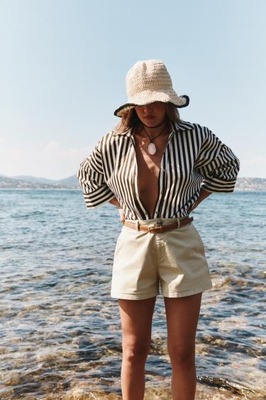 CAMISA MANGA ANCHA CON LINO - marron/blanco de Zara