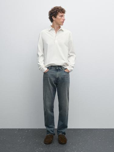 Zara 100% cotton long sleeve polo shirt - Oyster-white - Image 0