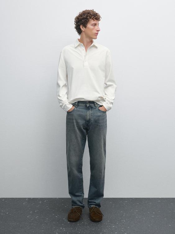 Long sleeve cotton blend polo shirt