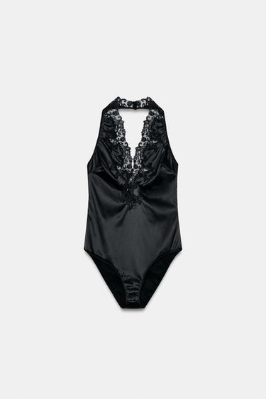 ZW COLLECTION SATIN HALTER BODYSUIT WITH LACE TRIM - Black by Zara - Image 0
