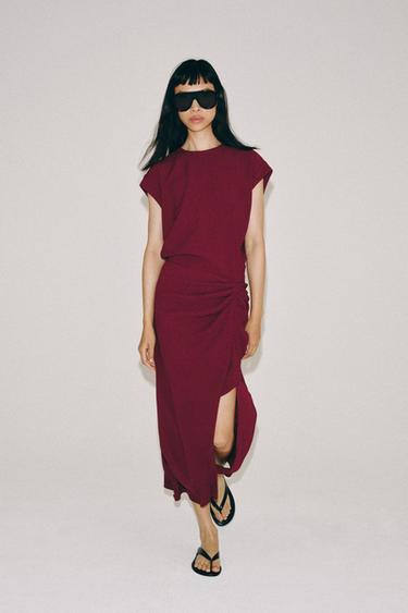 Zara ZW COLLECTION Ruffled MIDI DRESS - Burgundy