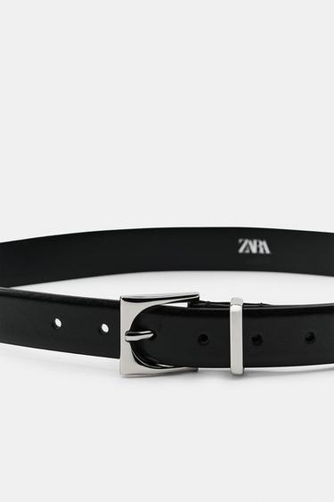 100% LEATHER BELT WITH GEOMETRIC BUCKLE - Black by Zara - Image 3