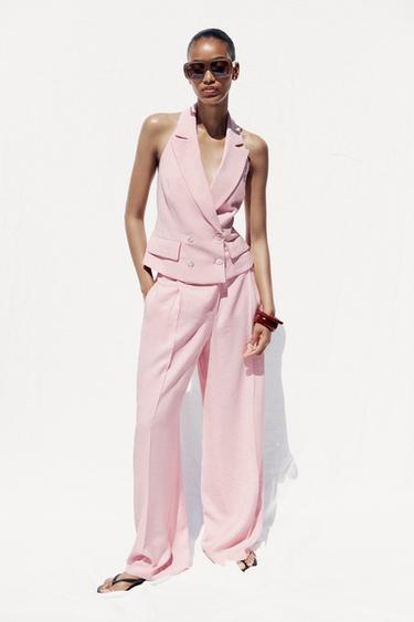 Zara PLEATED WIDE LEG PANTS - Pastel pink