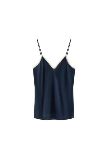 TOP LENCERO SEDA 100% PUNTILLA - Marino / Blanco de Zara