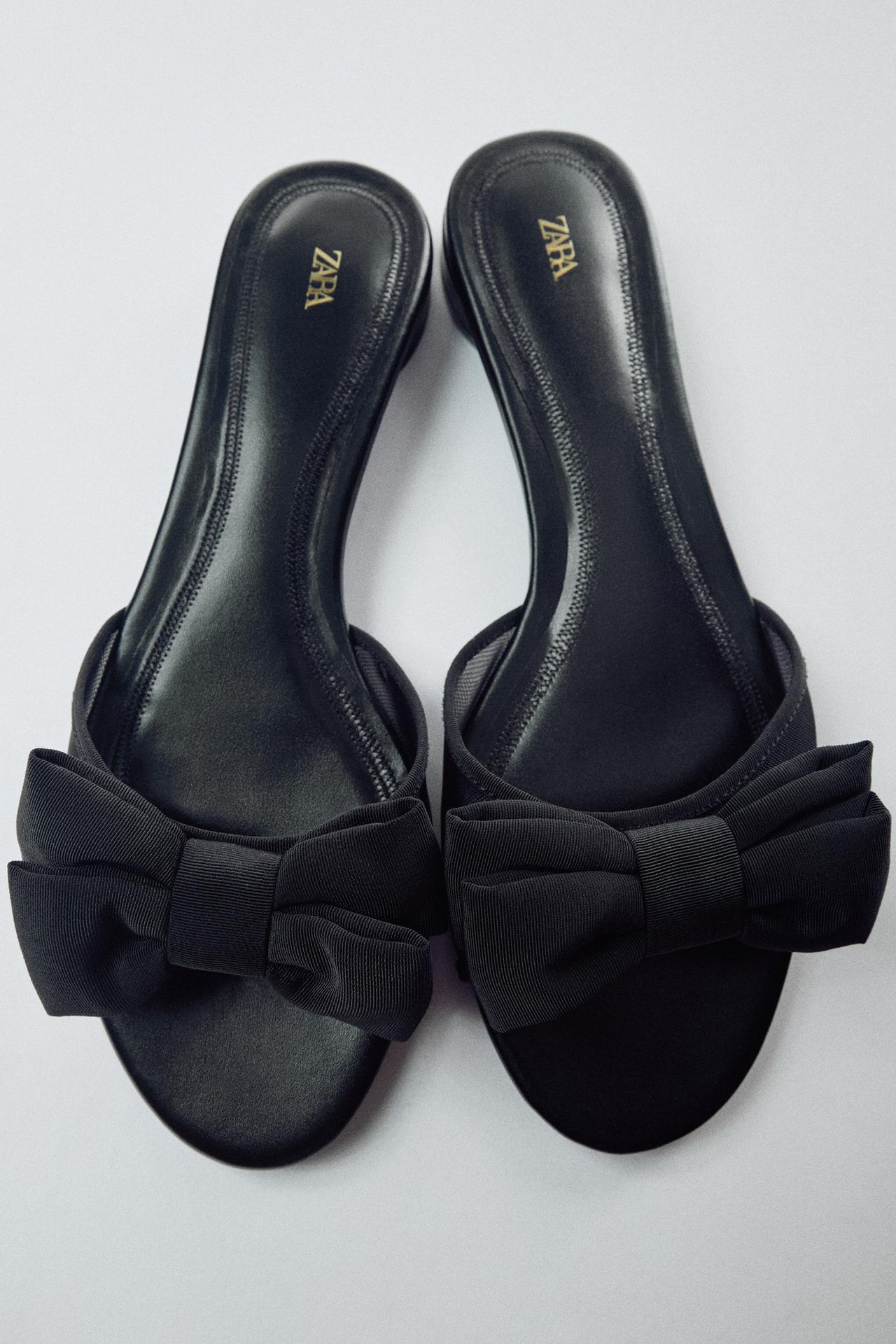MESH BOW FLAT SANDALS — Black