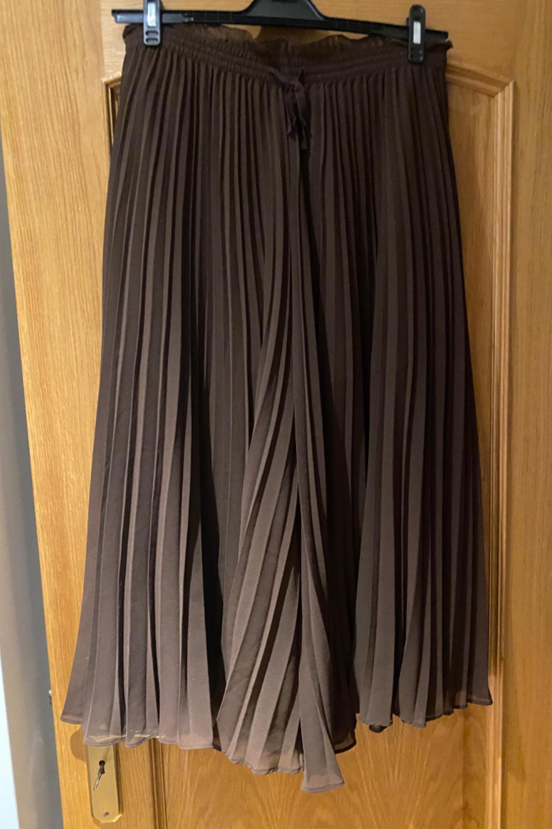 Front view of a brown pleated skirt with an elasticated waistband.