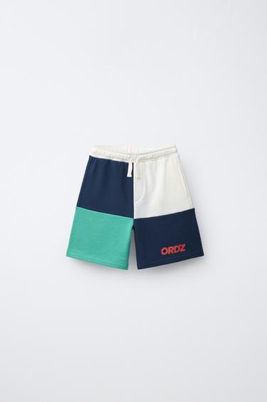 COLOUR BLOCK LOGO PLUSH BERMUDA SHORTS - Blue / Green by Zara