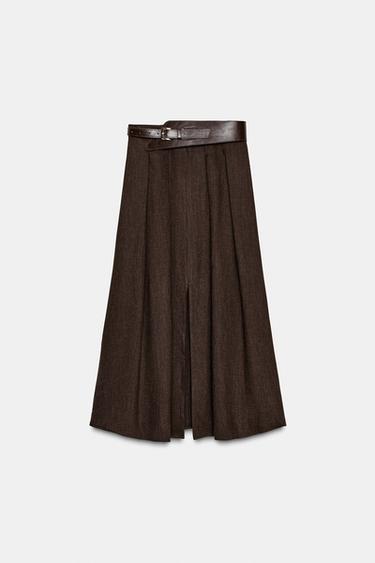 Zara BELTED MIDI SKIRT - Brown - Image 0