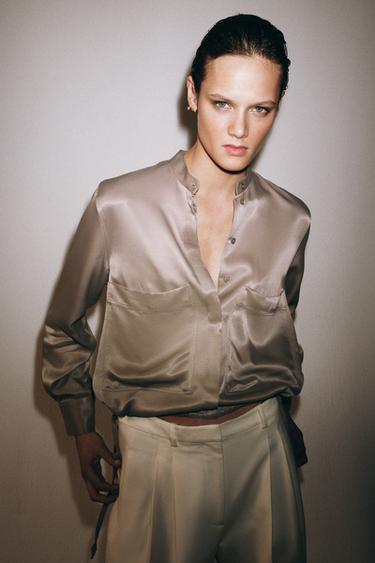 ZW COLLECTION SATIN SHIRT WITH PATCH POCKETS - Light mink by Zara
