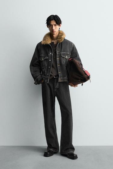 Zara 人造皮草領短版牛仔外套 - 碳色