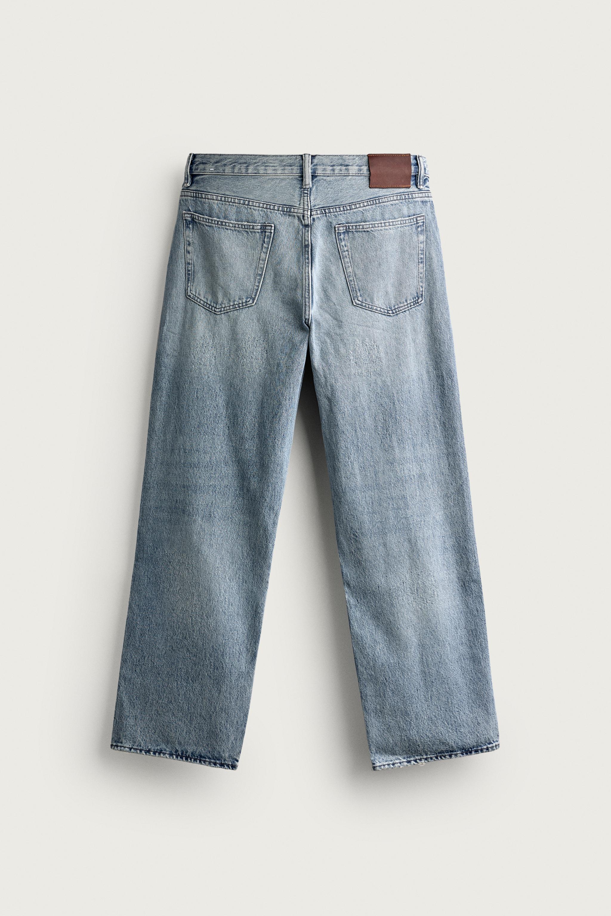 DISTRESSED STRAIGHT FIT JEANS — Mid-blue