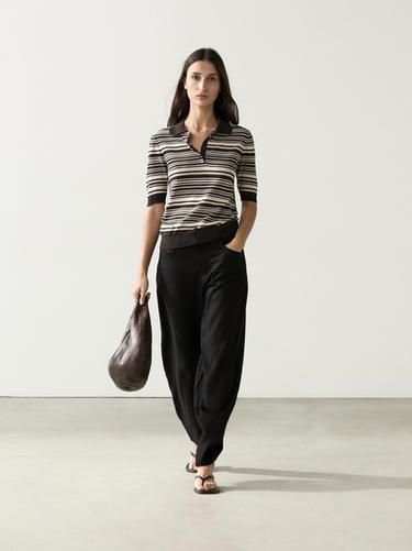 Zara 100% cotton striped knit polo shirt - Brown - Image 0