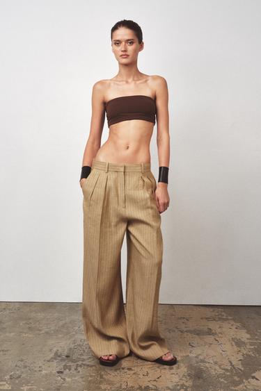 Zara STRIPED PLEATED LINEN BLEND TROUSERS ZW COLLECTION - Light camel - 圖片 0