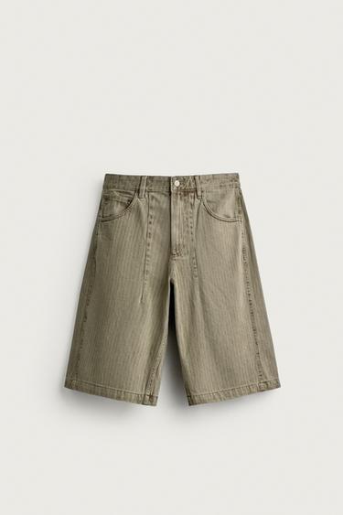 Zara 條紋水洗牛仔短褲 - 焦糖色
