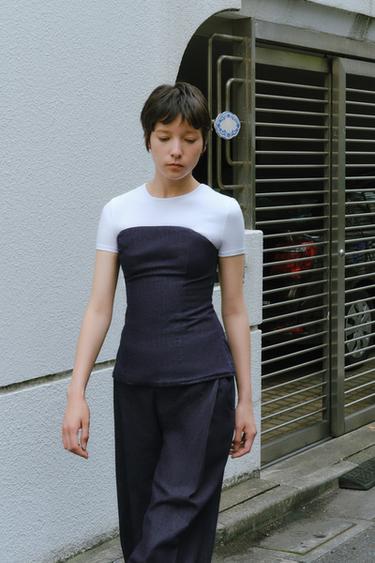 TRF デニムバンドゥトップスダークインディゴブルーZaraのTRF デニムバンドゥトップス - ダークインディゴブルー