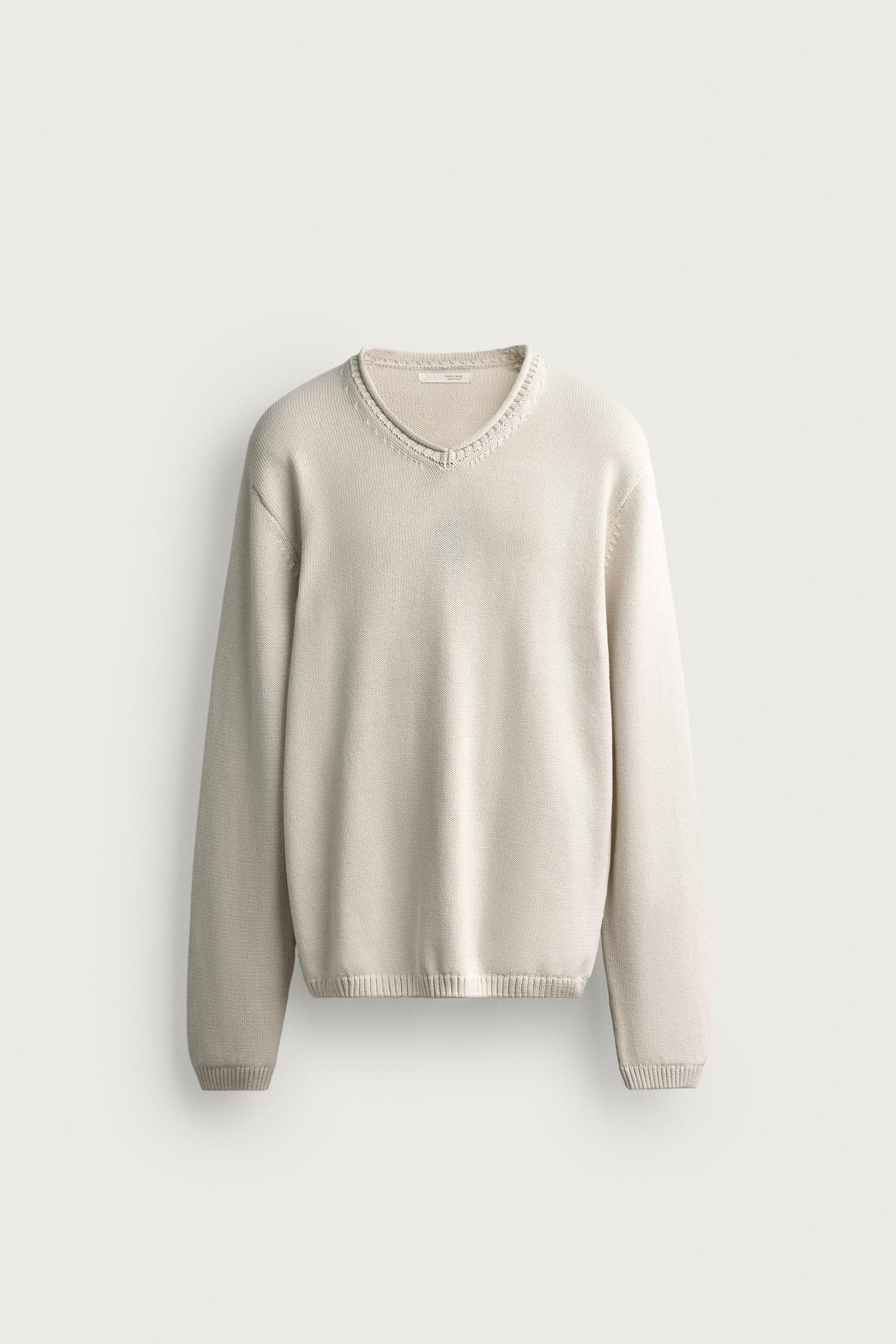 Мужской свитер Zara Regular Fit V-NECK, цвет: Костяной — фото 7