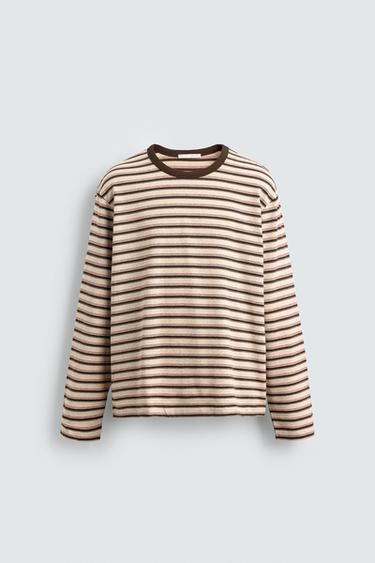 JACQUARD T-SHIRT MED STRIBER - Beige-brun fra Zara
