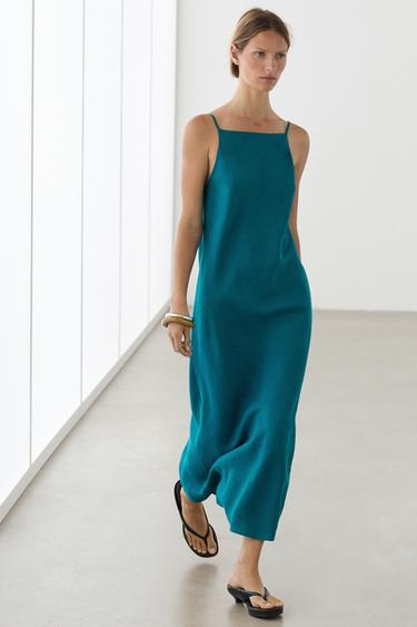 Robe midi bretelles 100 % lin - Turquoise de Zara