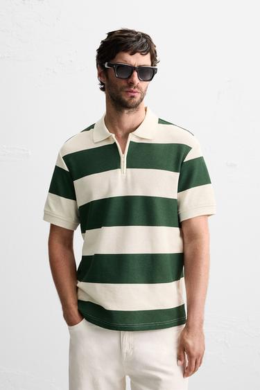 QUARTER-ZIP POLO SHIRT - White / Green by Zara