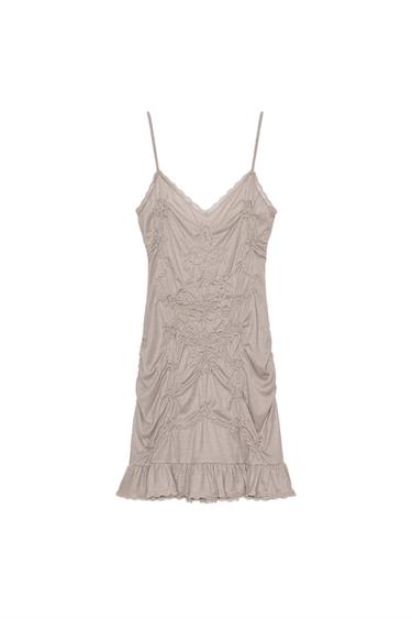 GATHERED SHORT DRESS WITH LACE - Brown / Taupe by Zara