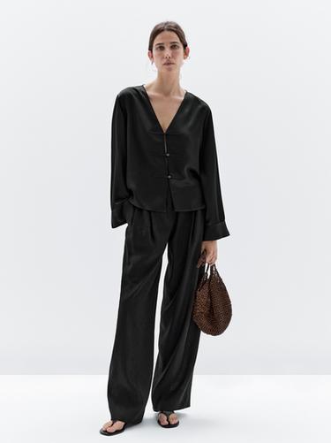 Zara Satin blouse with button detail - Black - Image 0
