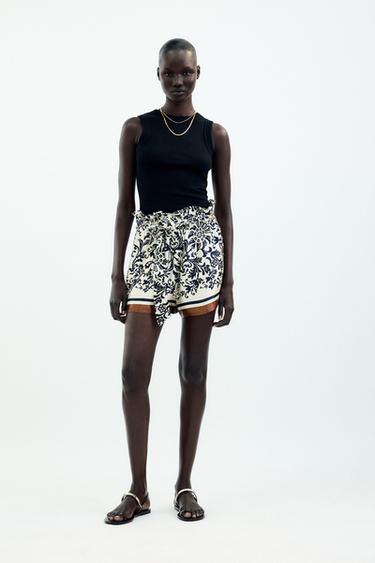 PRINTED SATIN PAPERBAG BERMUDA SHORTS - Ecru by Zara - Image 0