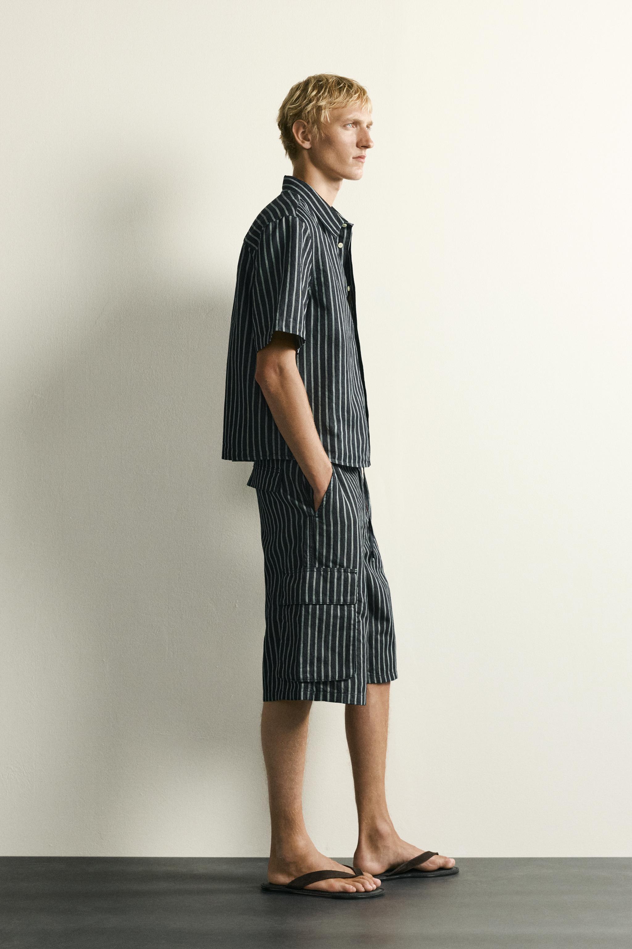 STRIPED COTTON-LINEN DENIM CARGO SHORTS