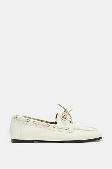 Zara LEATHER LOAFERS WITH EYELETS - Off White