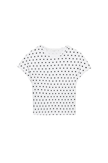 CROPPED SHORT SLEEVE DOTS T-SHIRT - Black / White by Zara