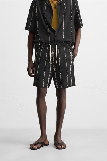 CONTRAST EMBROIDERED BERMUDA SHORTS - Black / White by Zara - Image 1
