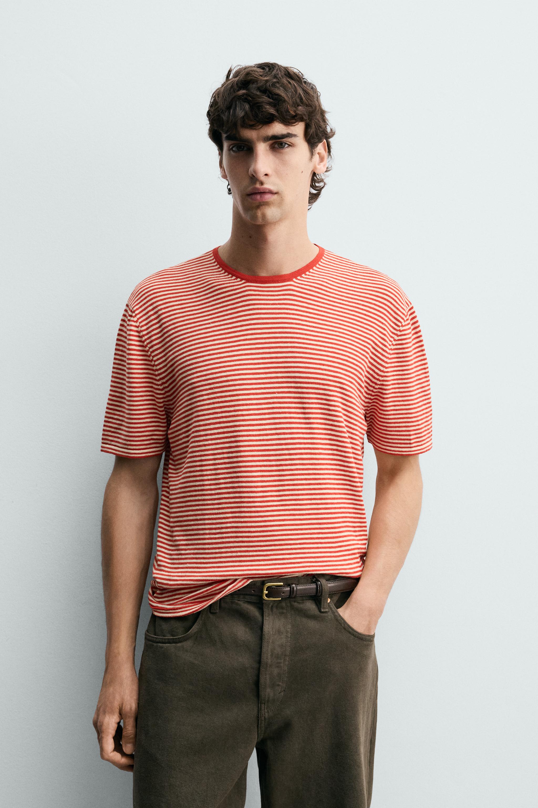 STRIPED REGULAR FIT KNIT T-SHIRT - White / Red | ZARA Canada