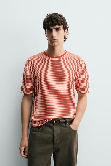 Zara STRIPED REGULAR FIT KNIT T-SHIRT - White / Red